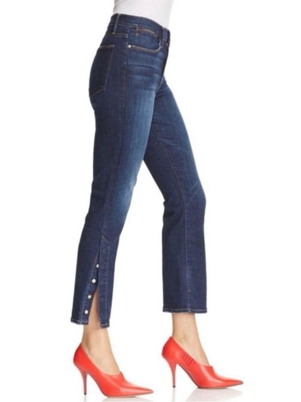 FRAME | Le High Straight-Leg Dark Wash Snap-Hem Meribel Denim Jeans Sz. 24 - Picture 2 of 5